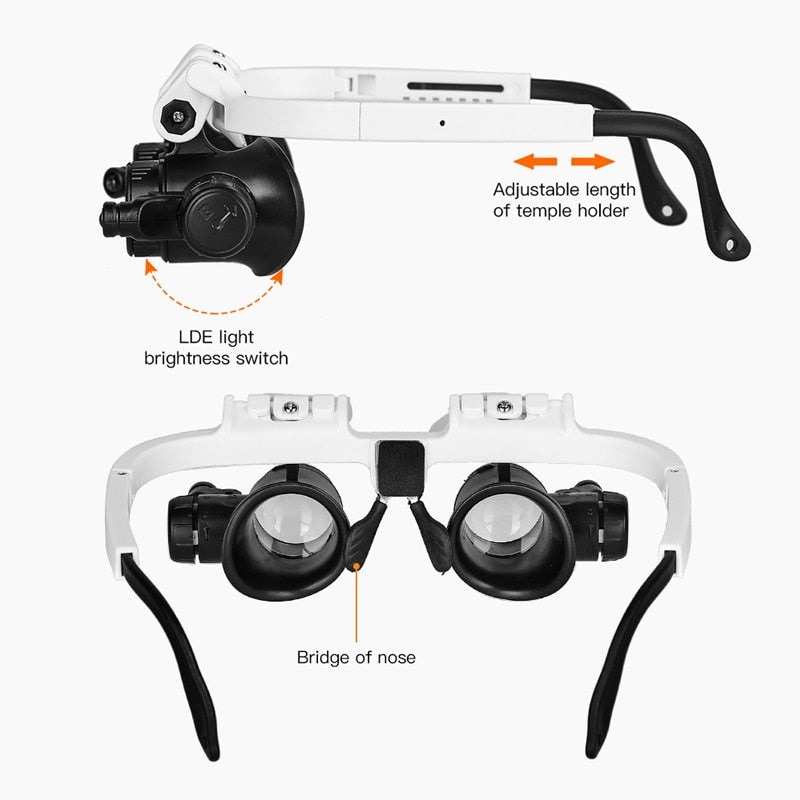 2LED Head-Mounted Illuminating Microscope Headband Repair LED Lamp Light Magnifying Glass with 8x 15x 23x Magnifier Loupe I Tesori Del Faro