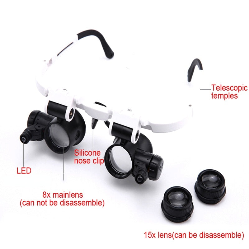 2LED Head-Mounted Illuminating Microscope Headband Repair LED Lamp Light Magnifying Glass with 8x 15x 23x Magnifier Loupe I Tesori Del Faro