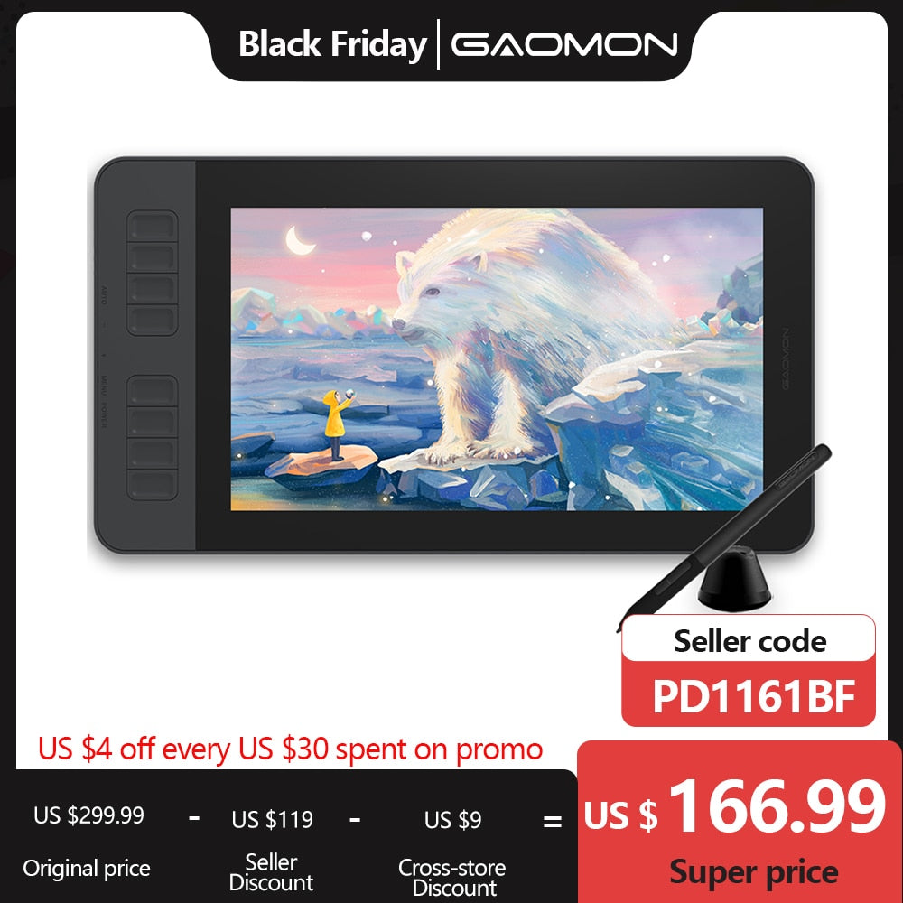 GAOMON PD1161 IPS HD Graphic Tablet Monitor With 8 Shortcut Key &amp; 8192 Level Stylus, Digital Pen Tablet with Screen for Painting