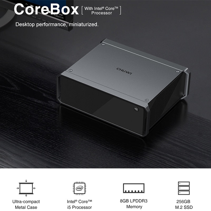 CHUWI CoreBox mini PC de escritorio para juegos Intel i5-5257U 8G RAM256G SSD Windows 10 computadora de escritorio WIFI incorporado 