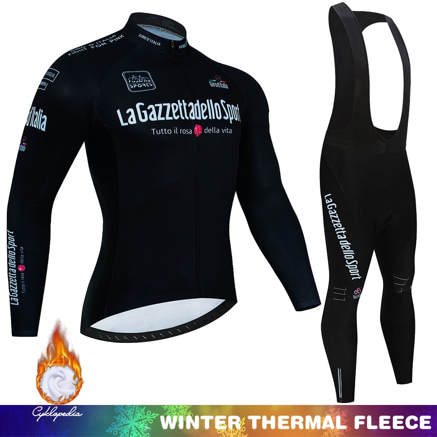 Giro d'Italia Completo da ciclismo invernale In pile termico Manica lunga Abbigliamento sportivo Maglia da corsa Completo da uomo Pantaloni con bretelle Set Abbigliamento da ciclismo 