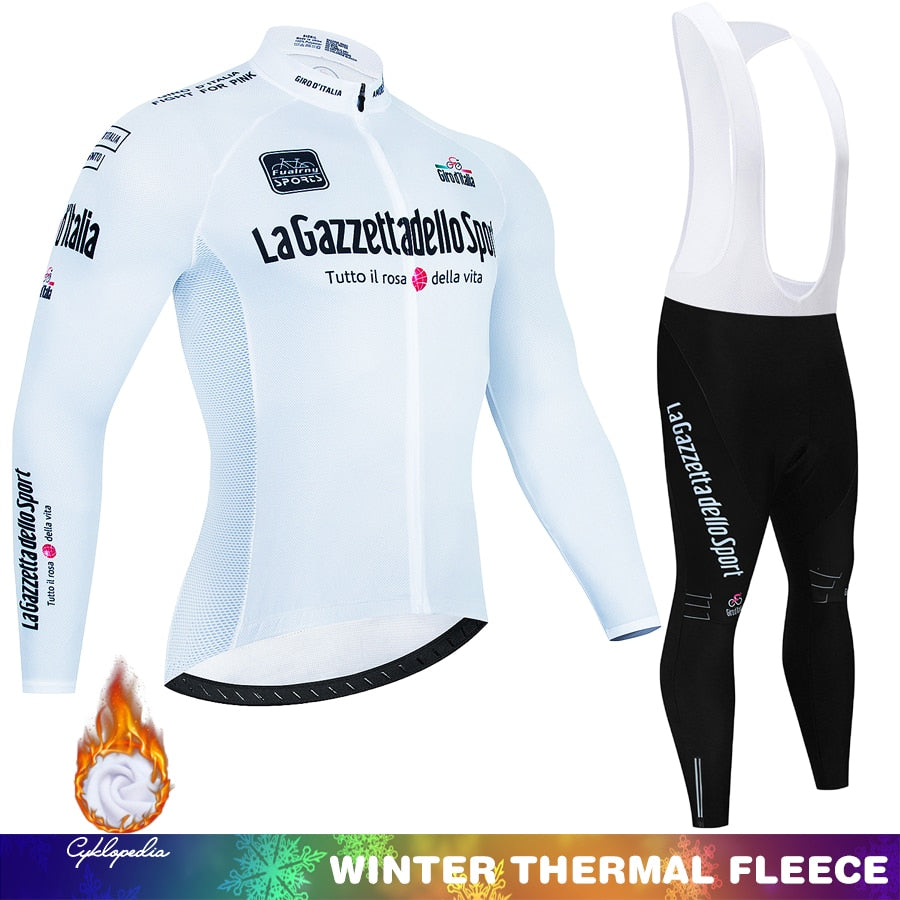 Giro d'Italia Completo da ciclismo invernale In pile termico Manica lunga Abbigliamento sportivo Maglia da corsa Completo da uomo Pantaloni con bretelle Set Abbigliamento da ciclismo 