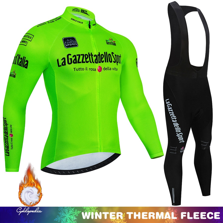 Giro d'Italia Completo da ciclismo invernale In pile termico Manica lunga Abbigliamento sportivo Maglia da corsa Completo da uomo Pantaloni con bretelle Set Abbigliamento da ciclismo 