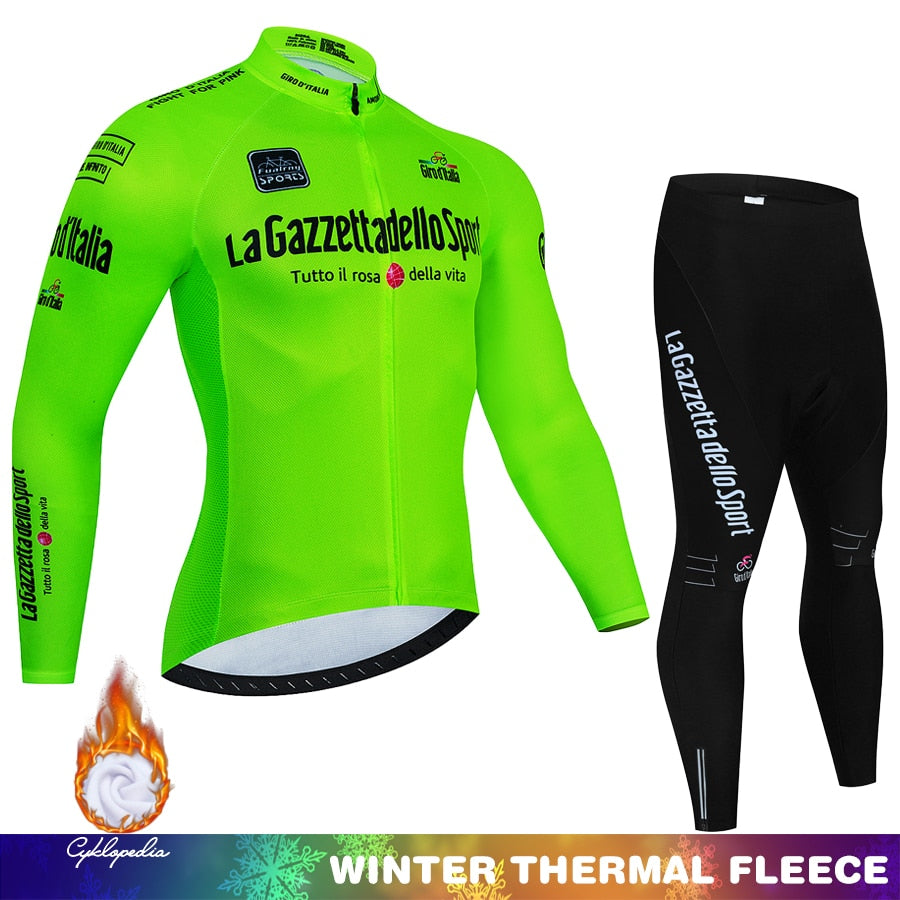 Giro d'Italia Completo da ciclismo invernale In pile termico Manica lunga Abbigliamento sportivo Maglia da corsa Completo da uomo Pantaloni con bretelle Set Abbigliamento da ciclismo 