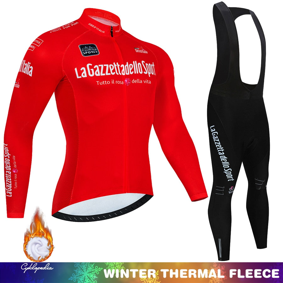 Giro d'Italia Completo da ciclismo invernale In pile termico Manica lunga Abbigliamento sportivo Maglia da corsa Completo da uomo Pantaloni con bretelle Set Abbigliamento da ciclismo 