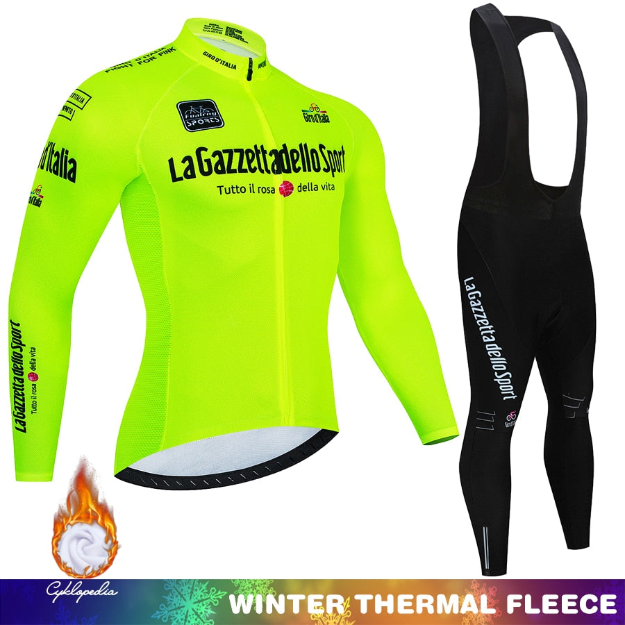 Giro d'Italia Completo da ciclismo invernale In pile termico Manica lunga Abbigliamento sportivo Maglia da corsa Completo da uomo Pantaloni con bretelle Set Abbigliamento da ciclismo 