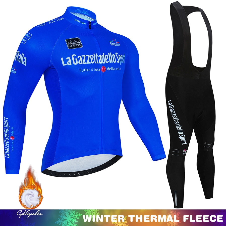 Giro d'Italia Completo da ciclismo invernale In pile termico Manica lunga Abbigliamento sportivo Maglia da corsa Completo da uomo Pantaloni con bretelle Set Abbigliamento da ciclismo 