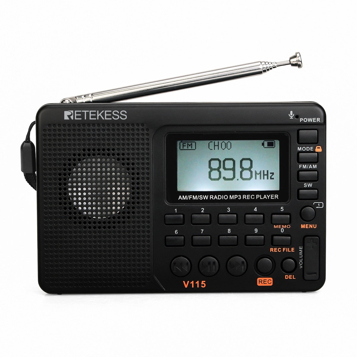 RETEKESS V115 Radio FM AM SW Radio portatili AM FM Radio ad onde corte ricaricabile con batterie Tutte le onde complete Registratore USB Altoparlante 