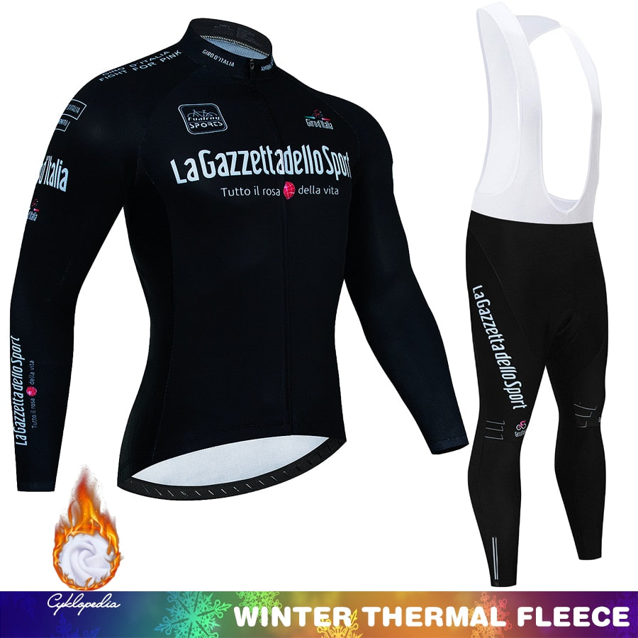 Giro d'Italia Completo da ciclismo invernale In pile termico Manica lunga Abbigliamento sportivo Maglia da corsa Completo da uomo Pantaloni con bretelle Set Abbigliamento da ciclismo 