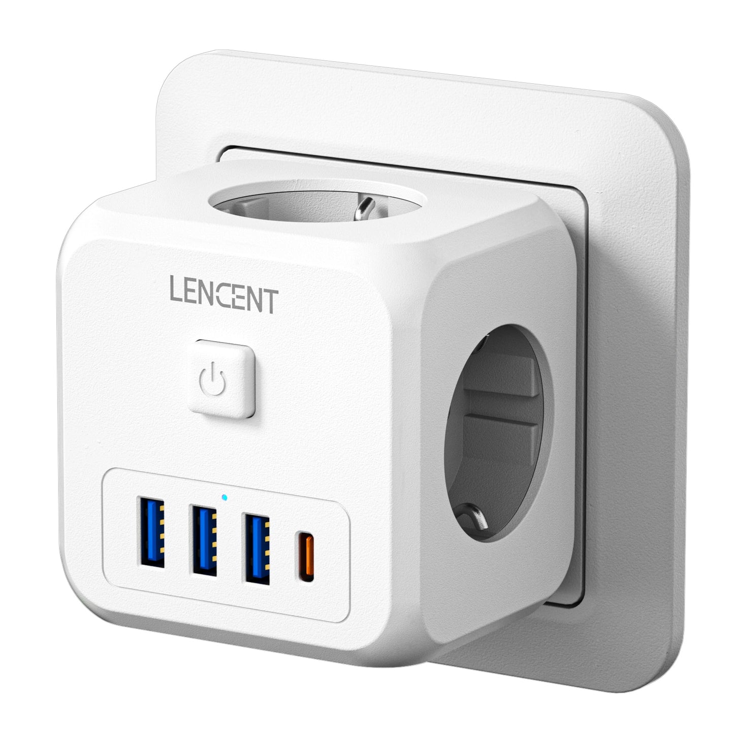 LENCENT Ciabatta con presa UE con 3 prese CA + 3 porte di ricarica USB + 1 adattatore di tipo C 5 V 2,4 A Interruttore on/off presa 7 in 1 