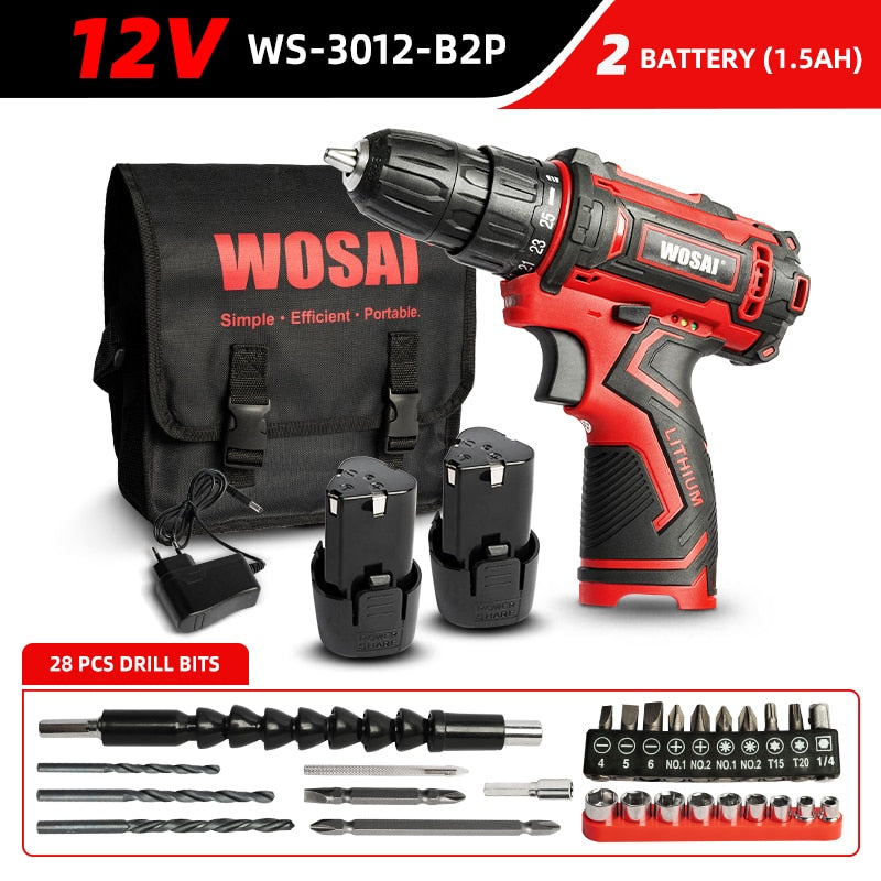 WOSAI 12V 16V 20V Taladro Inalámbrico Destornillador eléctrico Mini Controlador de potencia inalámbrico DC Batería de iones de litio 3/8 pulgadas 