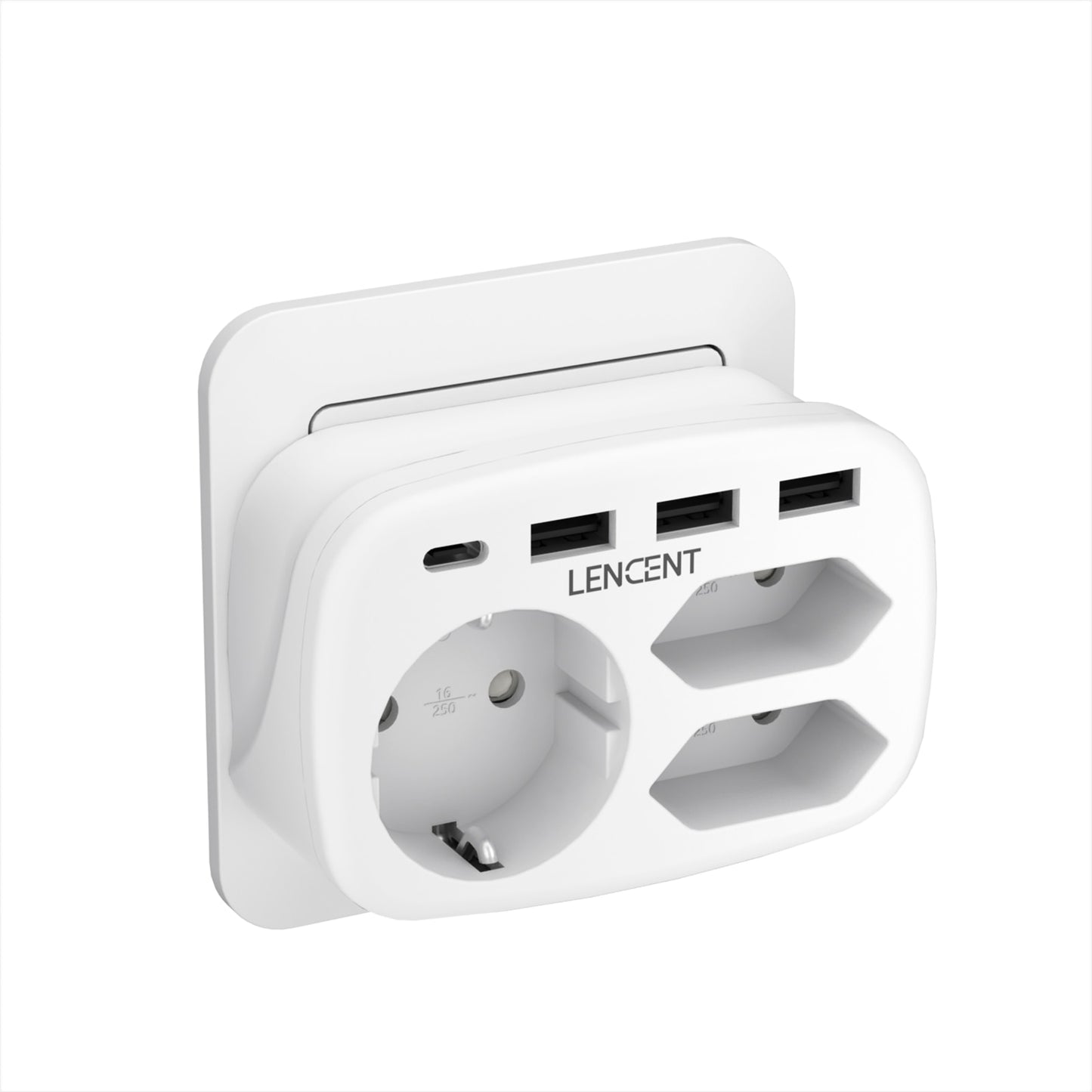 LENCENT Ciabatta con presa UE con 3 prese CA + 3 porte di ricarica USB + 1 adattatore di tipo C 5 V 2,4 A Interruttore on/off presa 7 in 1 