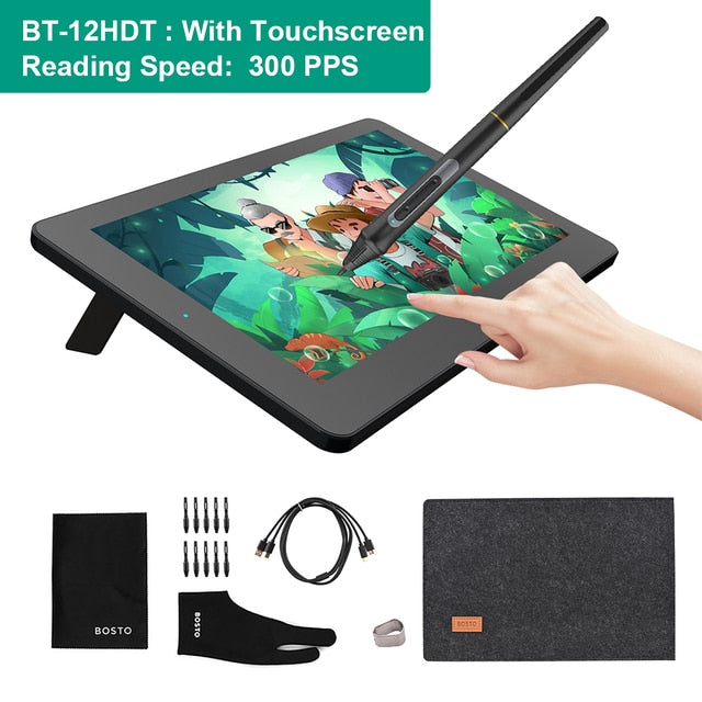 BOSTO 11.6 Inch Graphics Drawing Tablet BT-12HD/BT-12HDT Digital Tablet HD HIPS LCD 300PPS 1366*768 Display 8192 Pressure Level