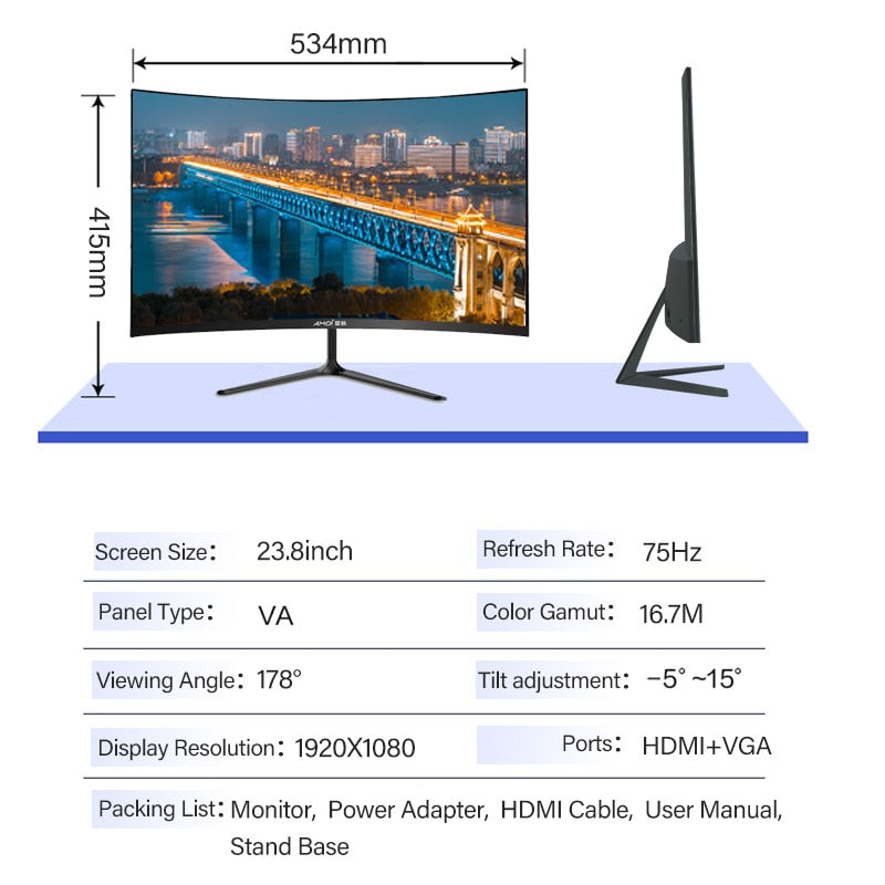 Amoi Computer monitor  24 inch curved 1080P full HD  75Hz  office game Desktop computer screen